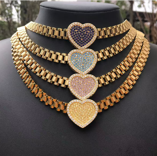 Heart Pink Rolex Necklace - Birthstone